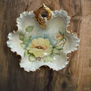 Vtg. Hand Painted Ruffle Porcelain Candy Dish 60s Floral Trinket Gold MCM